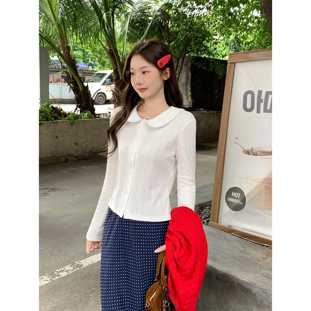 【Hàng giao ngay】Áo thun dài tay màu trắng cổ búp bê phối ren, style mới, phù hợp thu đông, form slim-fit
