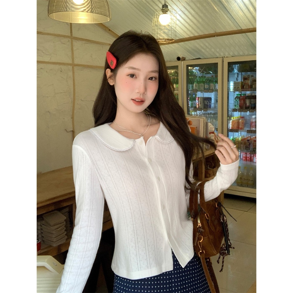【Hàng giao ngay】Áo thun dài tay màu trắng cổ búp bê phối ren, style mới, phù hợp thu đông, form slim-fit