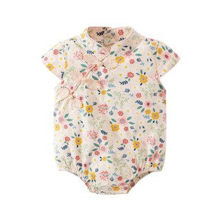 Bộ áo liền quần & băng đô Qipao hoa Trung Quốc cho bé gái sơ sinh - Onesie in mềm mượt có nút ếch cho bé gái (0-24M)