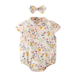 Bộ áo liền quần & băng đô Qipao hoa Trung Quốc cho bé gái sơ sinh - Onesie in mềm mượt có nút ếch cho bé gái (0-24M)