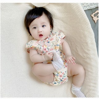 Bộ áo liền quần & băng đô Qipao hoa Trung Quốc cho bé gái sơ sinh - Onesie in mềm mượt có nút ếch cho bé gái (0-24M)