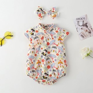 Bộ áo liền quần & băng đô Qipao in họa tiết dễ thương cho bé gái sơ sinh - Onesie lễ hội mềm mượt cho bé gái (0-24M)