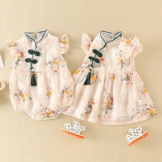 Đầm Qipao Trung Quốc hoa cho bé gái sơ sinh - Váy lễ hội mềm mượt có nút ếch & tua rua (0-24M)