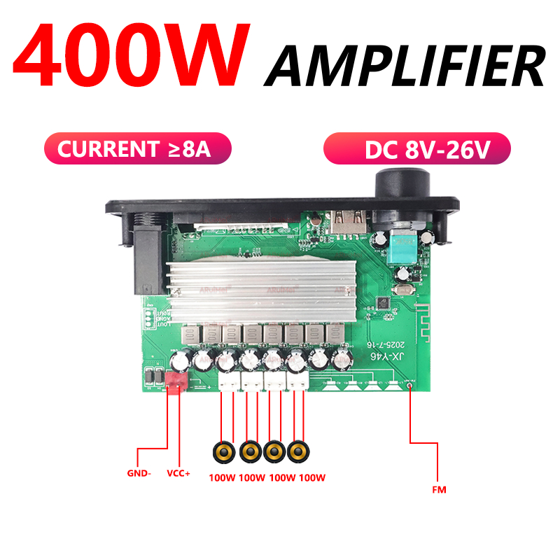 Bảng khuếch đại công suất cao 400W, Bộ giải mã Bluetooth 5.0 MP3 có khả năng phát lại USB / TF / FM / AUX, Đầu ra 4 * 100W cho hệ thống âm thanh loa siêu trầm gia đình trên ô tô