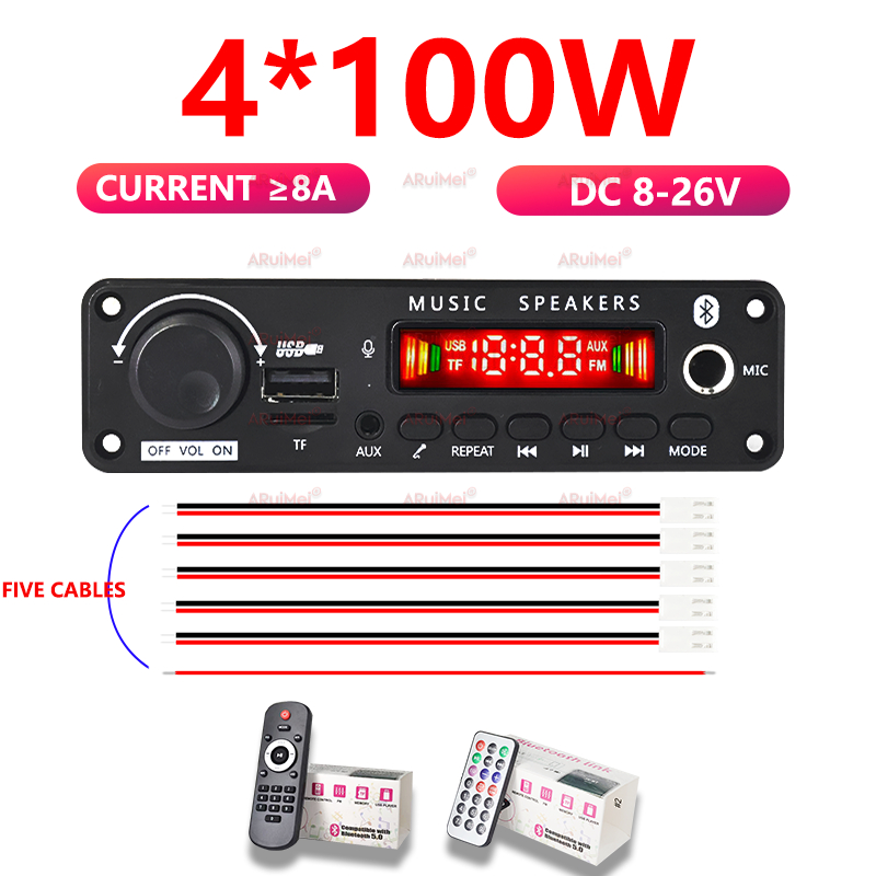Bảng khuếch đại công suất cao 400W, Bộ giải mã Bluetooth 5.0 MP3 có khả năng phát lại USB / TF / FM / AUX, Đầu ra 4 * 100W cho hệ thống âm thanh loa siêu trầm gia đình trên ô tô