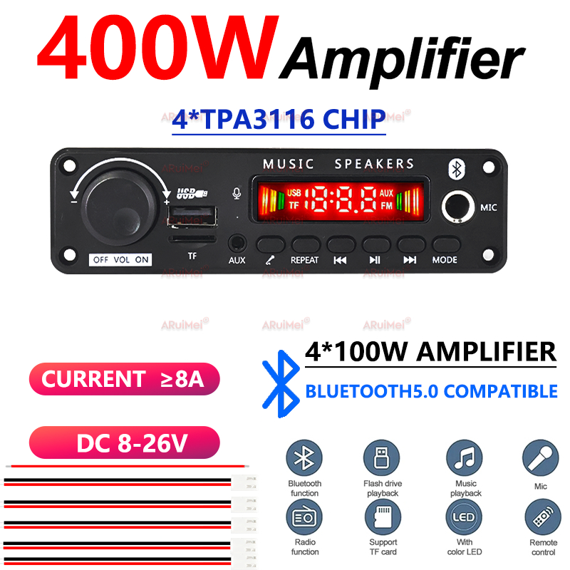Bảng khuếch đại công suất cao 400W, Bộ giải mã Bluetooth 5.0 MP3 có khả năng phát lại USB / TF / FM / AUX, Đầu ra 4 * 100W cho hệ thống âm thanh loa siêu trầm gia đình trên ô tô