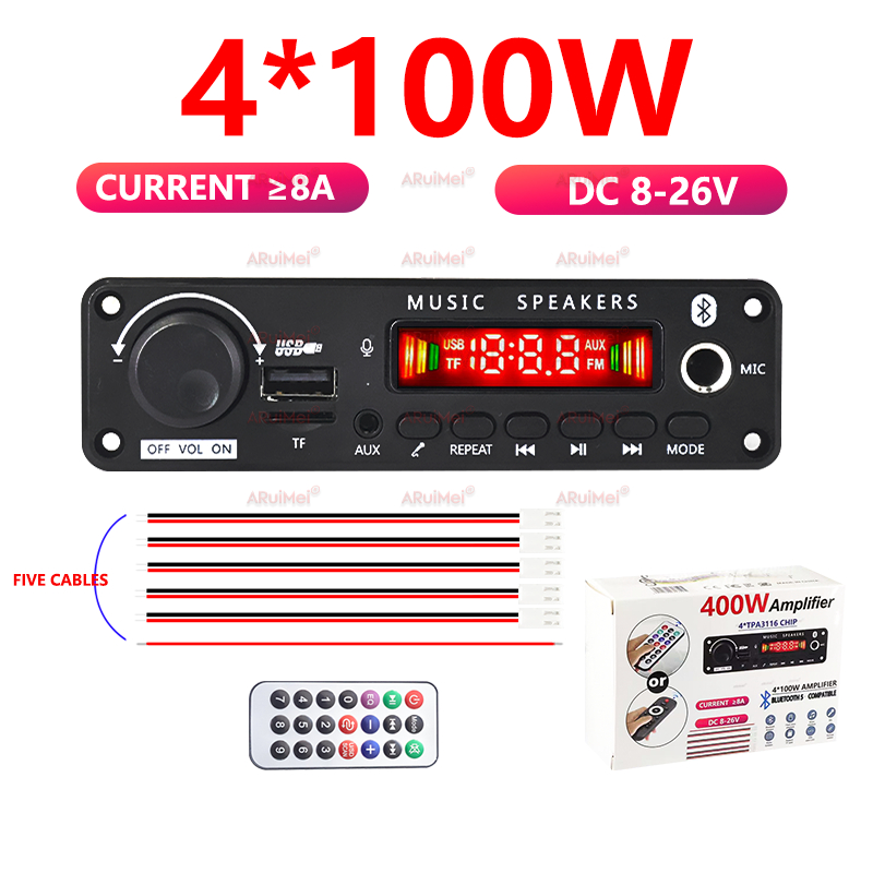 Bảng khuếch đại công suất cao 400W, Bộ giải mã Bluetooth 5.0 MP3 có khả năng phát lại USB / TF / FM / AUX, Đầu ra 4 * 100W cho hệ thống âm thanh loa siêu trầm gia đình trên ô tô