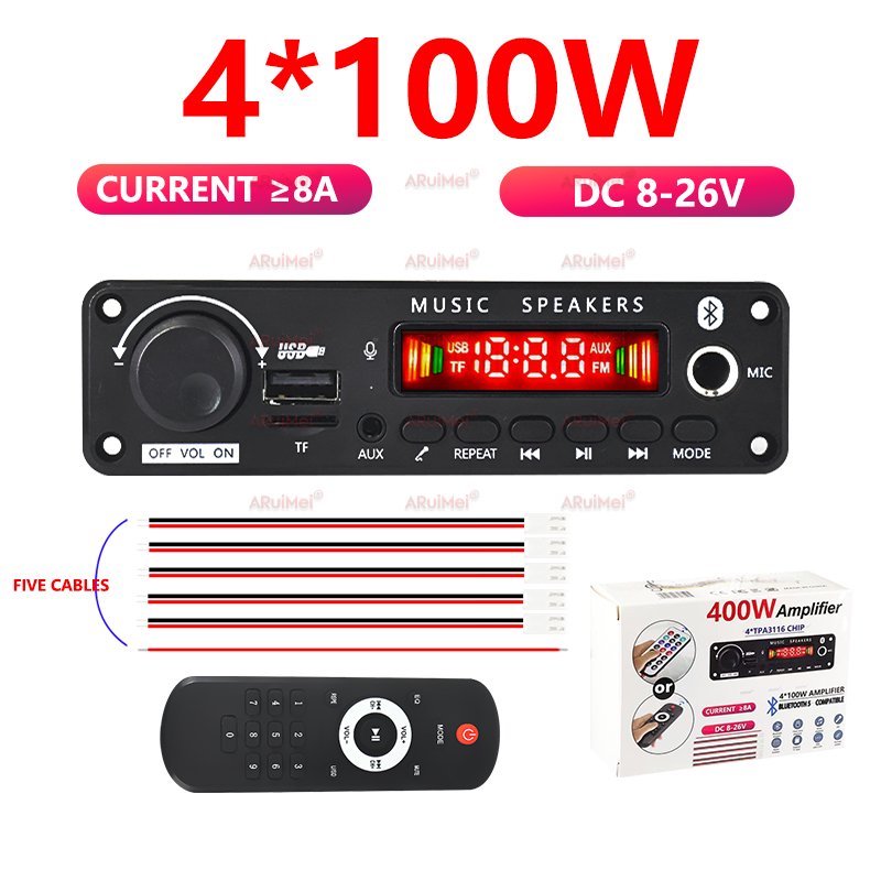 Bảng khuếch đại công suất cao 400W, Bộ giải mã Bluetooth 5.0 MP3 có khả năng phát lại USB / TF / FM / AUX, Đầu ra 4 * 100W cho hệ thống âm thanh loa siêu trầm gia đình trên ô tô