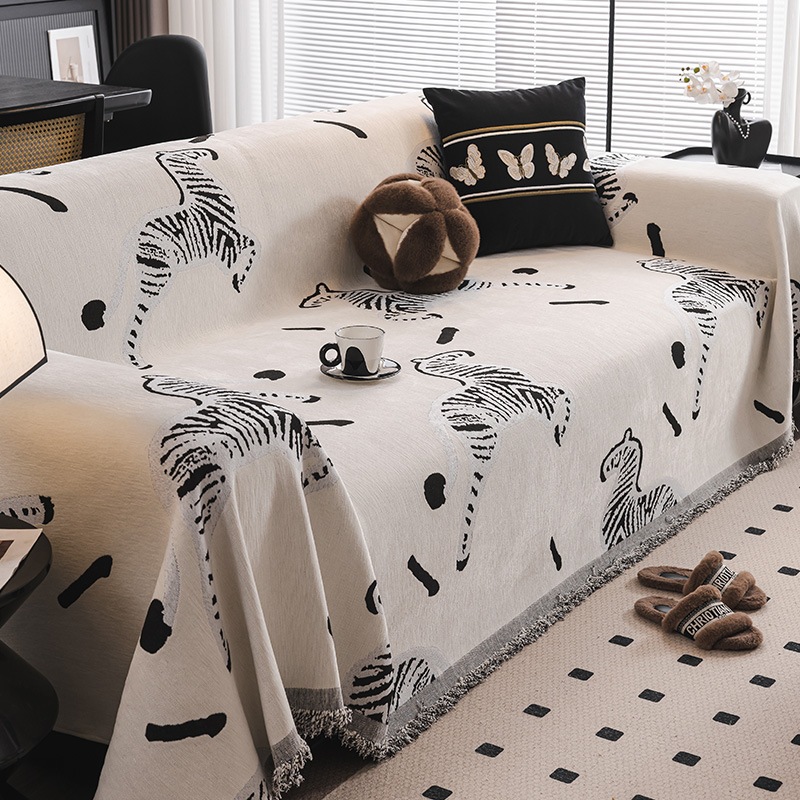 Chăn sofa Chenille họa tiết ngựa vằn cổ điển, Vỏ bọc ghế sofa hai mặt tua rua mới, chống trượt, chống mài mòn, dành cho ghế sofa hình chữ L / u, ghế tình yêu