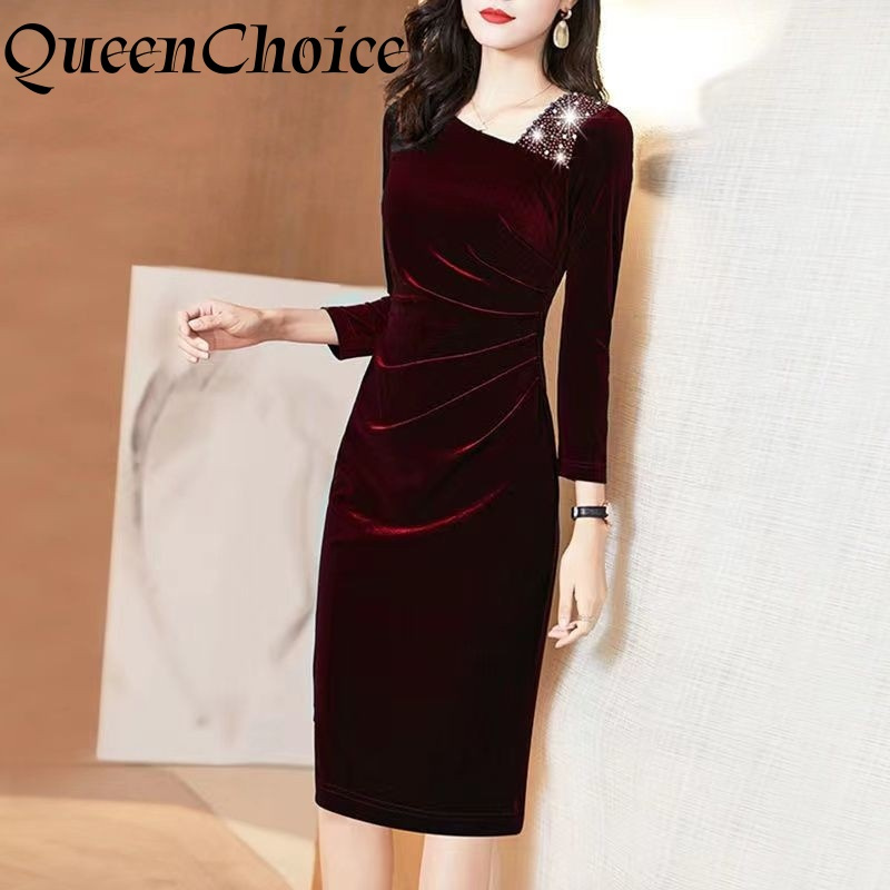 Phụ Nữ Nhung Dài Tay Bodycon Đầm Nữ Thường Ngày Màu Đỏ Retro Midi Đảng Đầm Chipao