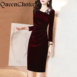Phụ Nữ Nhung Dài Tay Bodycon Đầm Nữ Thường Ngày Màu Đỏ Retro Midi Đảng Đầm Chipao