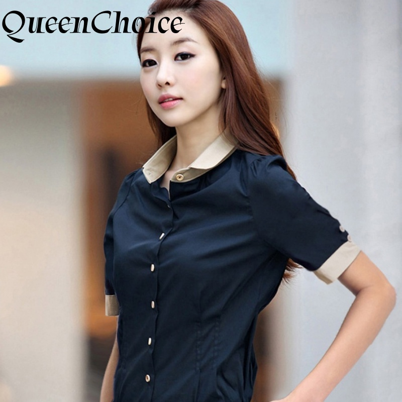 Nữ Tay Ngắn Màu Xanh Navy Áo Sơ Mi Nữ Thường Ngày Áo Sơ Mi Văn Phòng Nữ OL Work Top