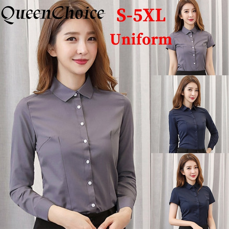 S-5xl Nữ Dài Tay Quần Áo Công Sở Áo Sơ Mi Nữ Màu Xám Trơn Trang Trọng Áo Đồng Phục
