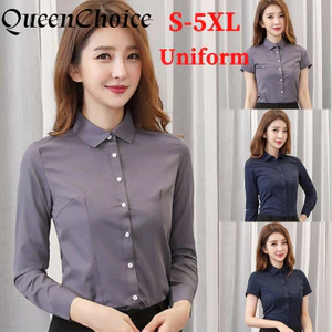 S-5xl Nữ Dài Tay Quần Áo Công Sở Áo Sơ Mi Nữ Màu Xám Trơn Trang Trọng Áo Đồng Phục
