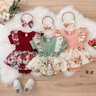 Bộ áo liền quần & băng đô in hoa cho bé gái sơ sinh - Onesie tay xù mềm mại mượt cho bé gái (0-24M)