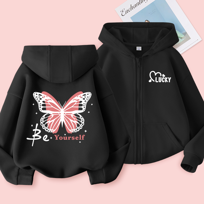 W.G.Q Áo Hoodie cho bé gái, Áo khoác mỏng mùa xuân thu có in hình con bướm, mềm mại thoải mái thời trang phù hợp