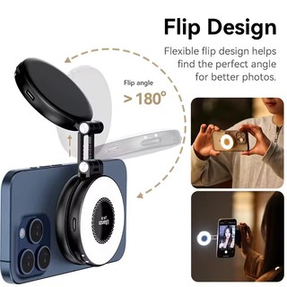 Đèn selfie điện thoại từ tính MagSafe, vòng LED di động có gương 180°, flash gập lại