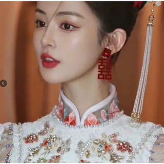 Khắc thủ công cưới màu đỏ nhân vật mới Trung Quốc cô dâu, bông tai đính hôn, phụ kiện đầm cưới, cao cấp, 25.3.7