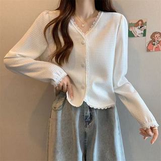 Áo sơ mi tay dài nữ phong cách Hàn Quốc, cổ chữ V ren ruffled