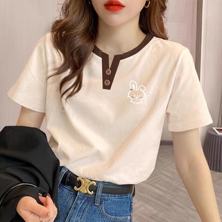 【Hạn giờ】Áo sơ mi bông nguyên chất màu tương phản, cổ chữ V, ngắn tay, phong cách Hàn - Nhật