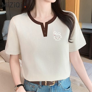 【Hạn giờ】Áo sơ mi bông nguyên chất màu tương phản, cổ chữ V, ngắn tay, phong cách Hàn - Nhật