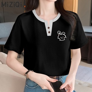 【Hạn giờ】Áo sơ mi bông nguyên chất màu tương phản, cổ chữ V, ngắn tay, phong cách Hàn - Nhật