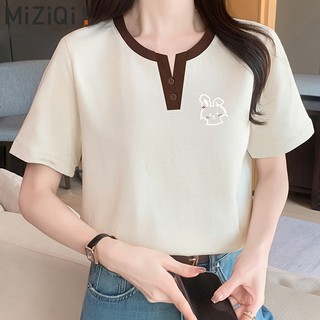 【Hạn giờ】Áo sơ mi bông nguyên chất màu tương phản, cổ chữ V, ngắn tay, phong cách Hàn - Nhật