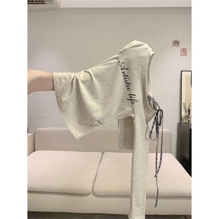 【BANKO】Áo thun dài tay màu xám phong cách Hàn Quốc, có dây buộc ở vai, vừa vặn phù hợp mùa thu