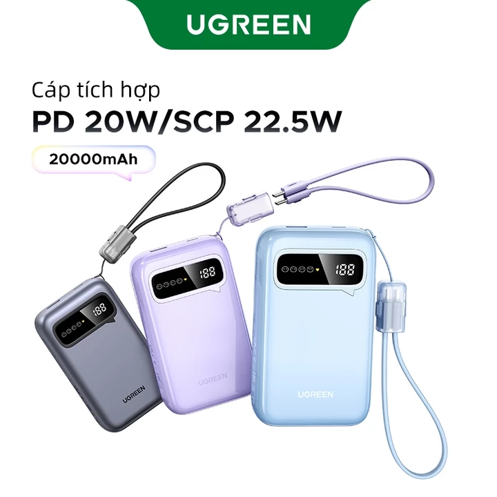 UGREEN Pin sạc dự phòng 20000mAh PD 22.5W 20W Sạc nhanh sạc dự phòng Tích hợp di động có thể gập lại Màn hình kỹ thuật số cho iPhone 18 Pro Max iPhone 17 Pro Max