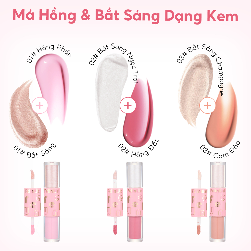 FelinWel - Thỏi 2 Đầu Má Hồng Dạng Kem & Bắt Sáng Siêu Căng Bóng, Chất Lỏng Mỏng Nhẹ Dễ Tán, 3 Tông Màu, 5ml