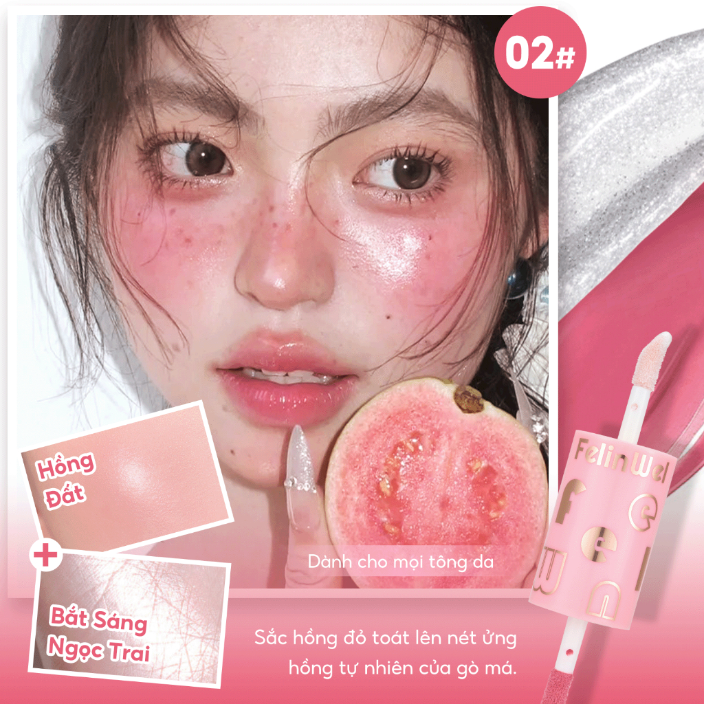 FelinWel - Thỏi 2 Đầu Má Hồng Dạng Kem & Bắt Sáng Siêu Căng Bóng, Chất Lỏng Mỏng Nhẹ Dễ Tán, 3 Tông Màu, 5ml