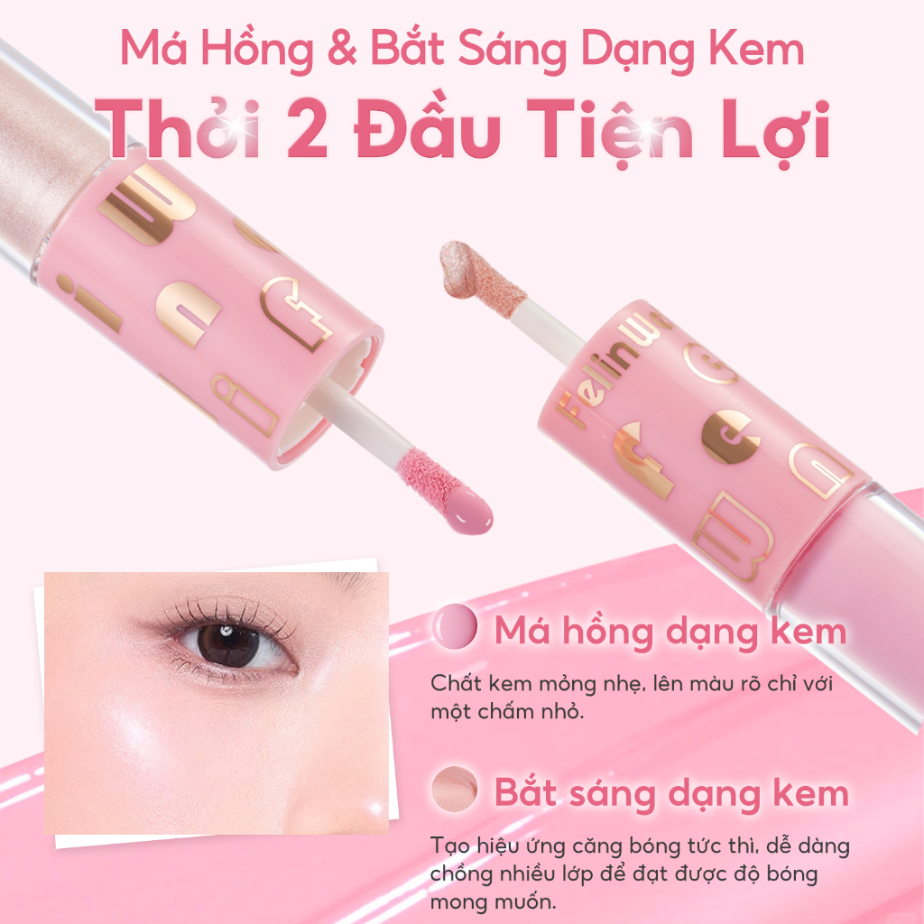 FelinWel - Thỏi 2 Đầu Má Hồng Dạng Kem & Bắt Sáng Siêu Căng Bóng, Chất Lỏng Mỏng Nhẹ Dễ Tán, 3 Tông Màu, 5ml
