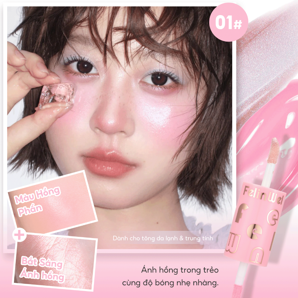 FelinWel - Thỏi 2 Đầu Má Hồng Dạng Kem & Bắt Sáng Siêu Căng Bóng, Chất Lỏng Mỏng Nhẹ Dễ Tán, 3 Tông Màu, 5ml