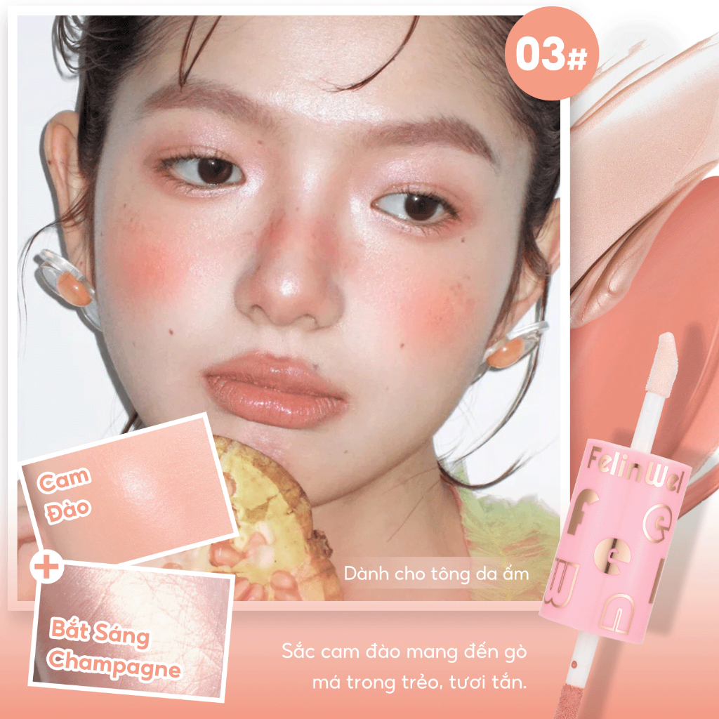 FelinWel - Thỏi 2 Đầu Má Hồng Dạng Kem & Bắt Sáng Siêu Căng Bóng, Chất Lỏng Mỏng Nhẹ Dễ Tán, 3 Tông Màu, 5ml
