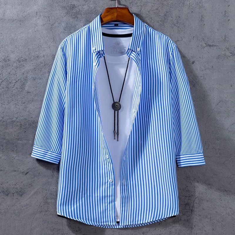 Áo sơ mi sọc tay công sở 3 / 4 màu đen Nút Oversize Áo sơ mi thông thường màu trắng