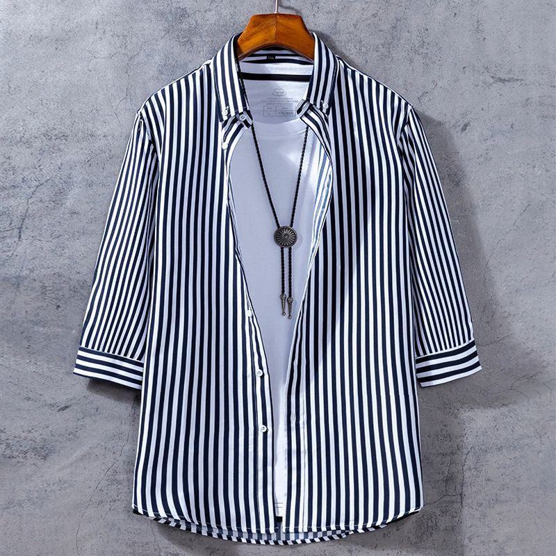 Áo sơ mi sọc tay công sở 3 / 4 màu đen Nút Oversize Áo sơ mi thông thường màu trắng