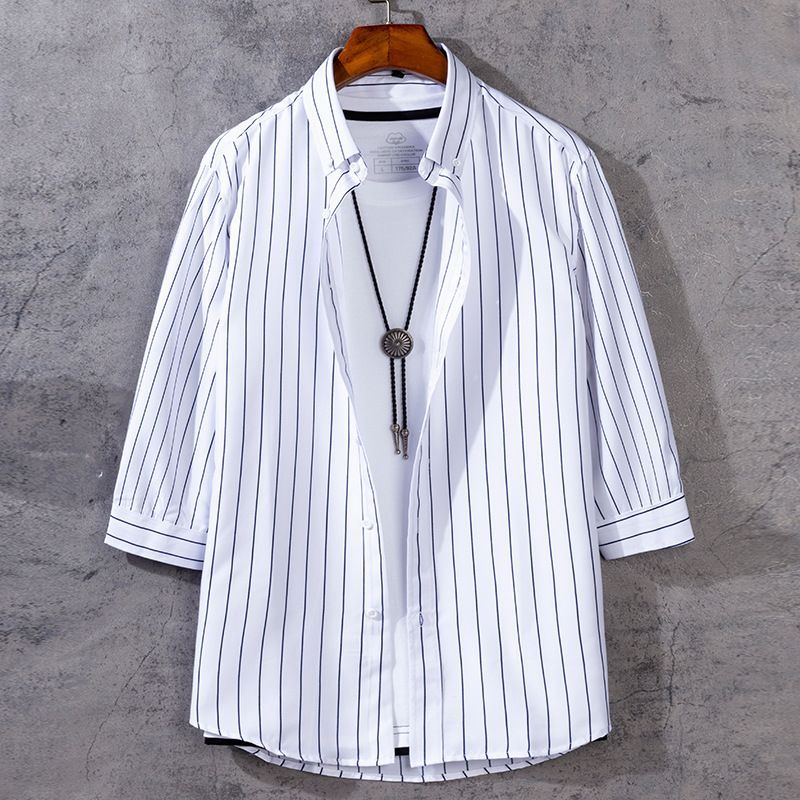 Áo sơ mi sọc tay công sở 3 / 4 màu đen Nút Oversize Áo sơ mi thông thường màu trắng
