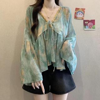 Áo sơ mi dài tay cổ chữ V dáng rộng phong cách Hàn Quốc dành cho nữ