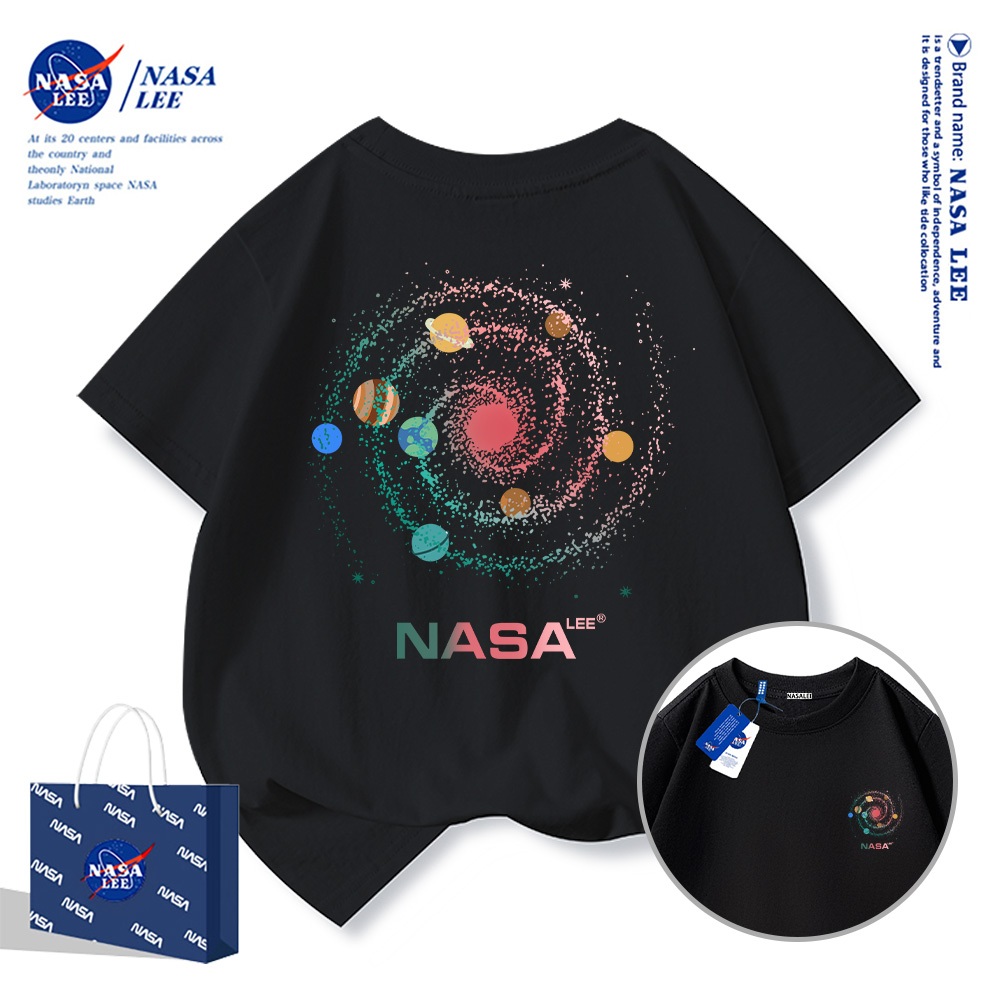 Áo thun ngắn tay NASA cho trẻ em, mùa hè, chất liệu cotton, bé trai bé gái, phong cách thoải mái và thời trang.