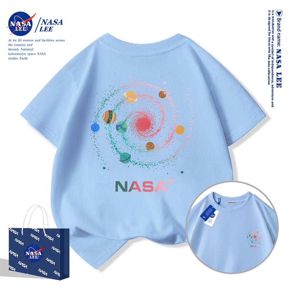 Áo thun ngắn tay NASA cho trẻ em, mùa hè, chất liệu cotton, bé trai bé gái, phong cách thoải mái và thời trang.