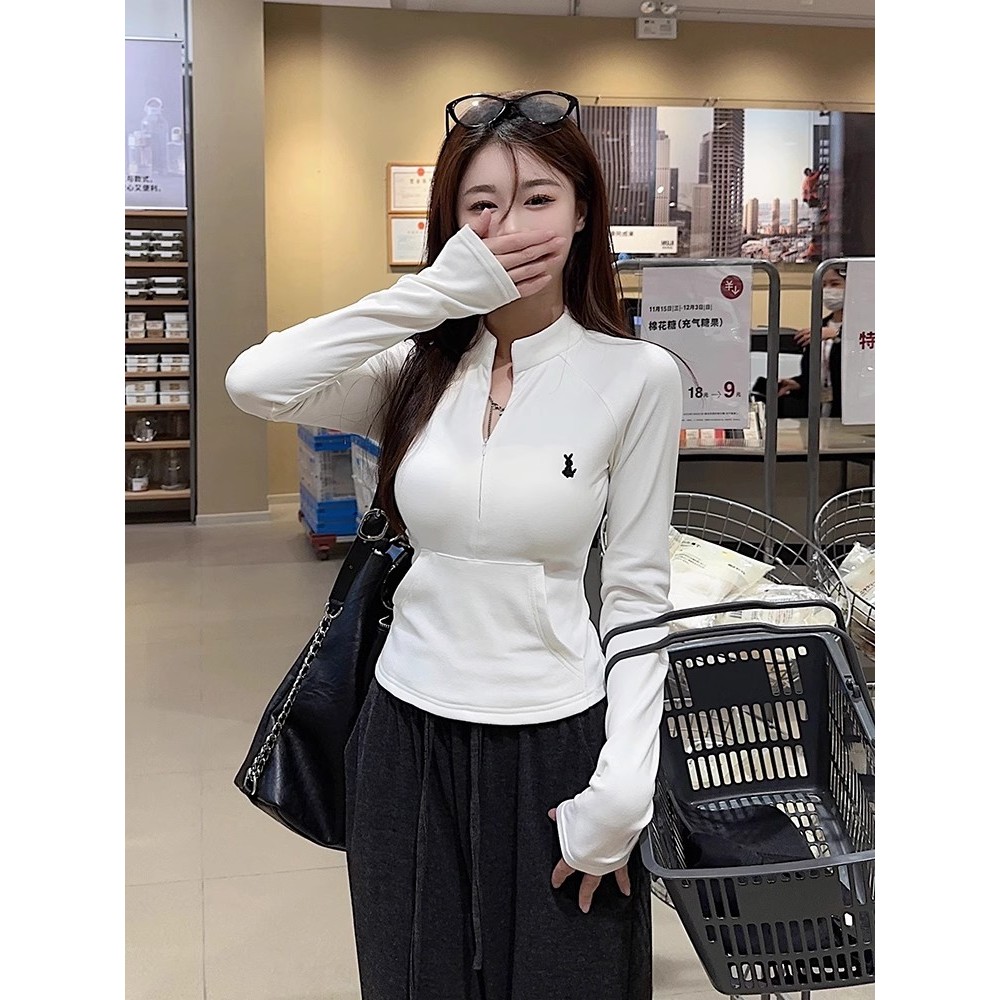 [BANKO] Phiên Bản Hàn Quốc Nữ Thu Đông Phong Cách Mới Nửa Dây Kéo Slim-fit Ôm Hơn Nhìn Màu Xám Cổ Cao Áo Thun Dài Tay