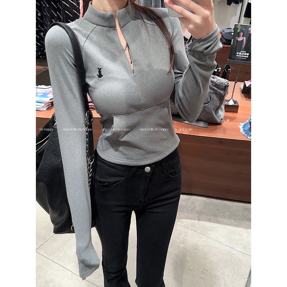 [BANKO] Phiên Bản Hàn Quốc Nữ Thu Đông Phong Cách Mới Nửa Dây Kéo Slim-fit Ôm Hơn Nhìn Màu Xám Cổ Cao Áo Thun Dài Tay