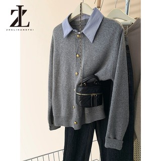ZHELIHANGFEI Pháp Retro Thu Đông Mới Chắp Vá Áo Len Dệt Kim Dài Tay Áo Len Nữ