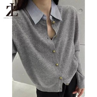 ZHELIHANGFEI Pháp Retro Thu Đông Mới Chắp Vá Áo Len Dệt Kim Dài Tay Áo Len Nữ