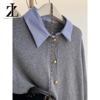 ZHELIHANGFEI Pháp Retro Thu Đông Mới Chắp Vá Áo Len Dệt Kim Dài Tay Áo Len Nữ