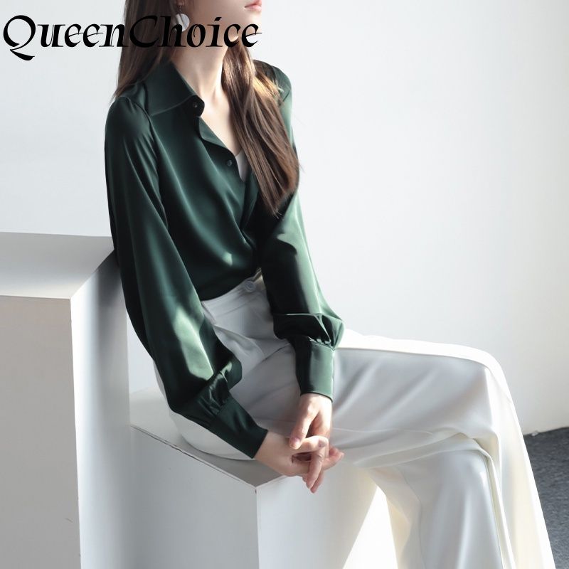 Áo Sơ Mi Nữ Satin Màu Xanh Trơn Dài Tay Nữ Cổ OL Work Top Áo Sơ Mi