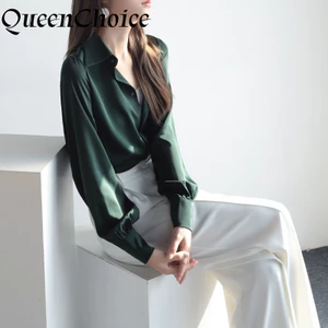 Áo Sơ Mi Nữ Satin Màu Xanh Trơn Dài Tay Nữ Cổ OL Work Top Áo Sơ Mi