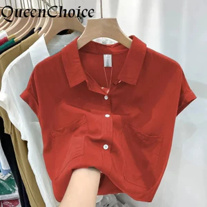 Áo sơ mi nữ tay ngắn dáng rộng Cotton màu trơn dành cho nữ Áo sơ mi dáng rộng