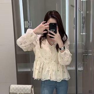 Áo sơ mi nữ phong cách retro Hàn Quốc, cổ chữ V, họa tiết hoa