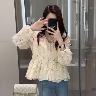 Áo sơ mi nữ phong cách retro Hàn Quốc, cổ chữ V, họa tiết hoa